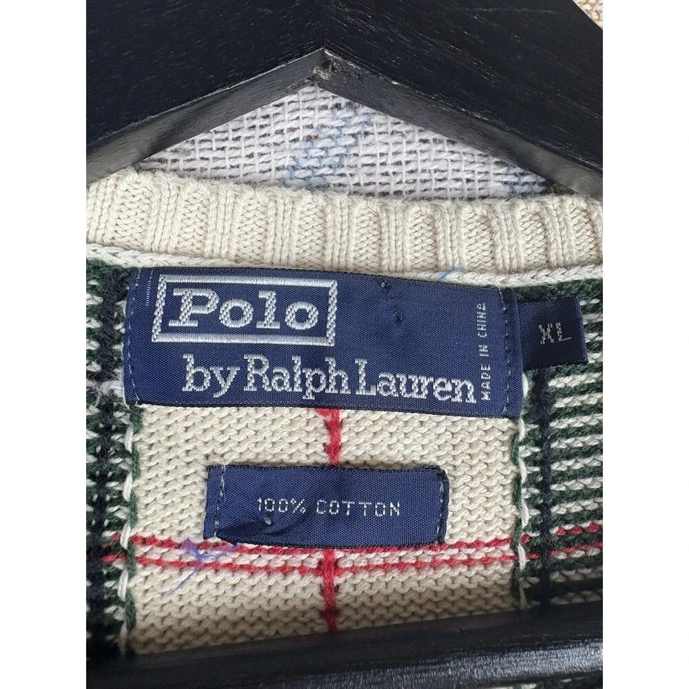 VTG Polo Ralph Lauren Fair Tartan Sweater Vest Beige Cotton Preppy Golf Mens XL